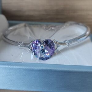White Gold Plated Bangle Bracelet with Purple Crystal Heart & Rhinestones